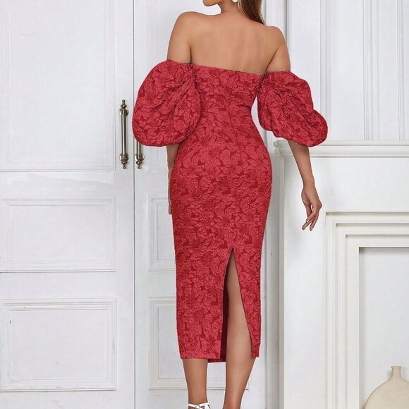 Red Preppy Womens Off Shoulder Puff Sleeve Split Back Floral Jacquard Dress - Picture 2 of 5